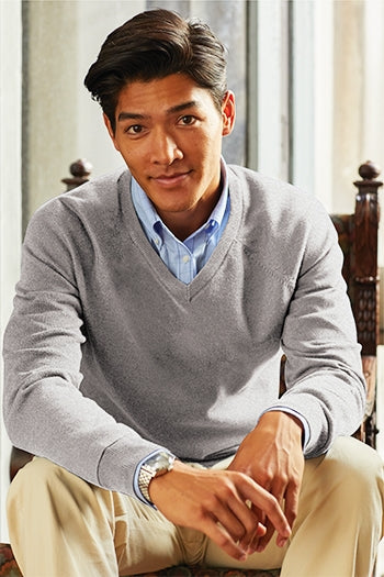 A shot of a man wearing Brooks Brothers Cotton Stretch V-Neck Sweater.