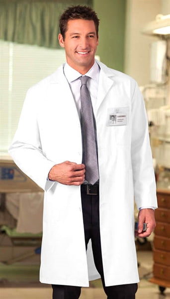 A shot of a man wearing White Swan META - 40 Inch Unisex Lab Coat.