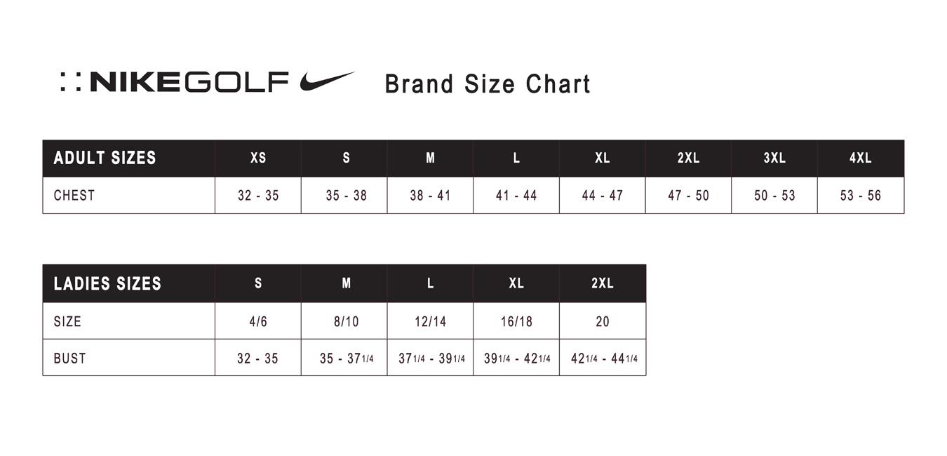 nike golf size guide