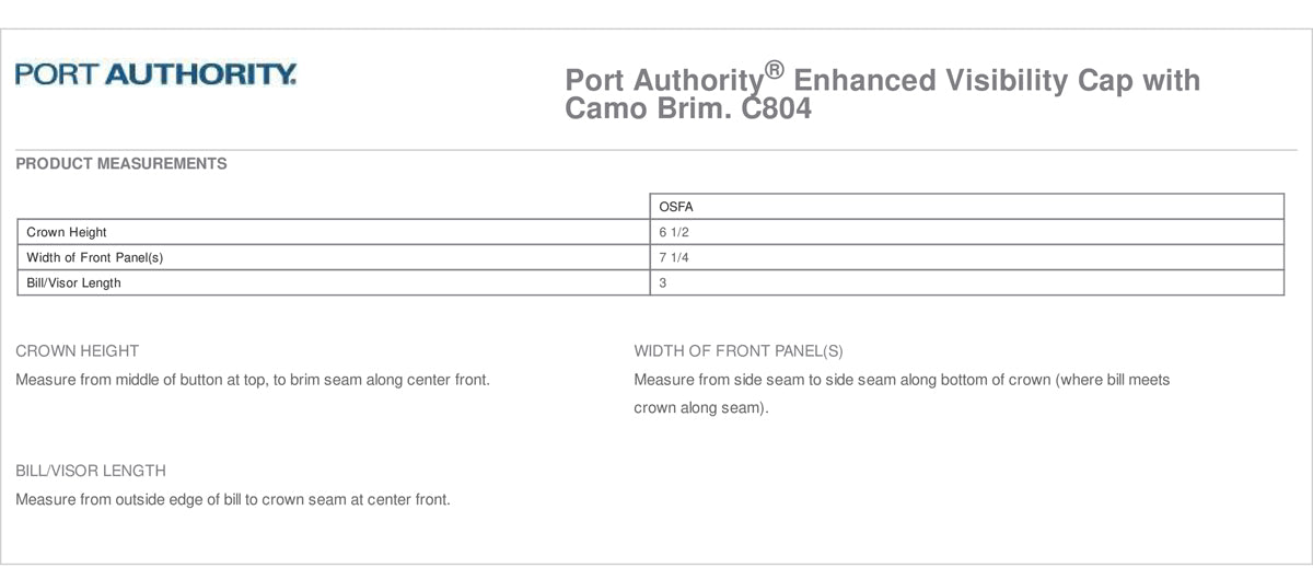 Port Authority - Safety Cap with Camo Brim. C804 Size Chart