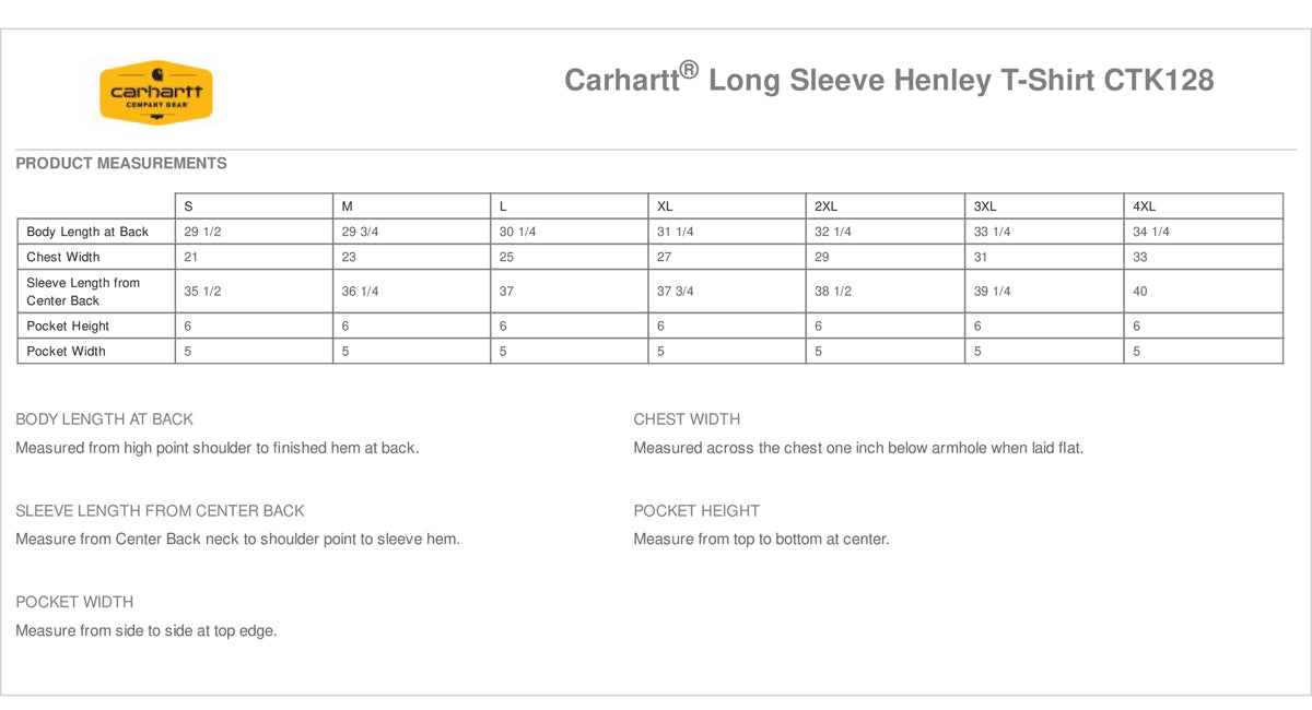Carhartt - Long Sleeve Henley T-Shirt. CTK128 Size Chart