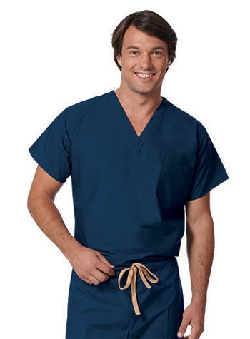 A photo of a man wearing Fashion Seal Unisex Reversible Navy Set-In Sleeve Scrub Shirt.