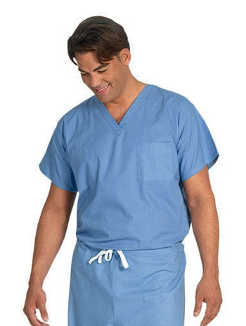 A shot of a man wearing Fashion Seal Unisex Ceil FB Rev Set-In Sleeve Scrub Shirt.