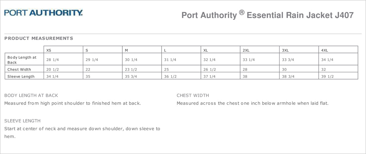 Port Authority- Essential Rain Jacket. J407 Size Chart