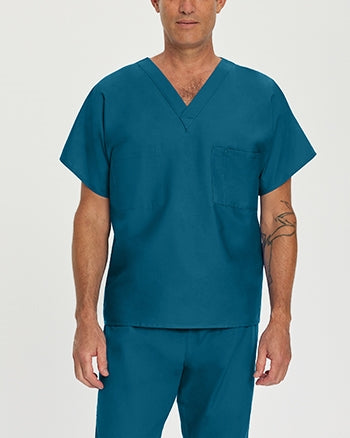 A photo of Landau Essentials Unisex Tuckable V-Neck Scrub Top.