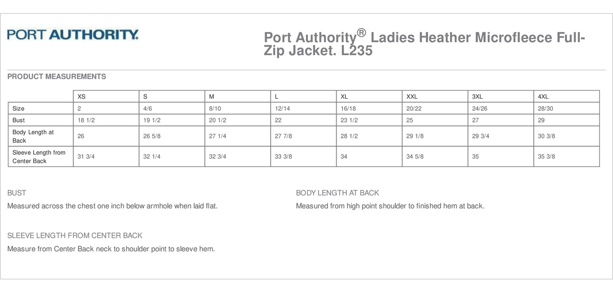 Port Authority - Ladies Heather Microfleece Full-Zip Jacket. L235 Size Chart