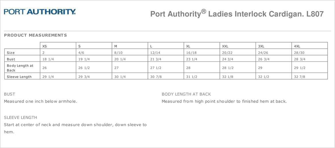 Port Authority - Ladies Interlock Cardigan. L807 Size Chart
