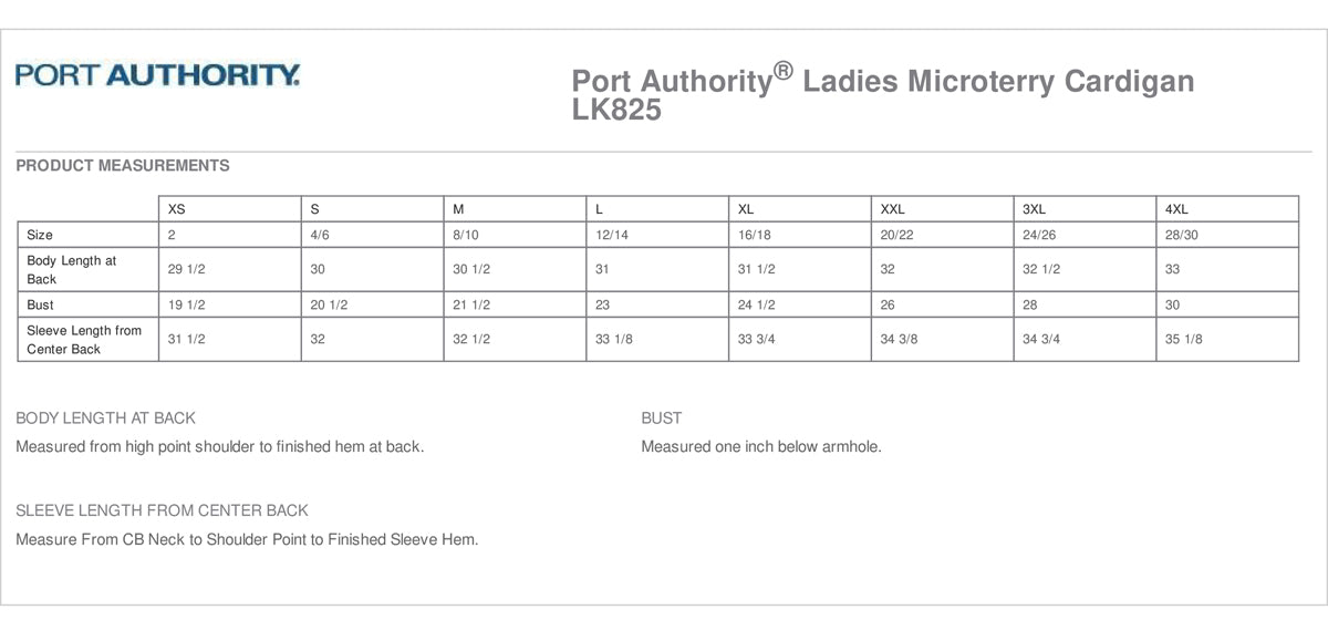 Port Authority - Ladies Microterry Cardigan. LK825 Size Chart