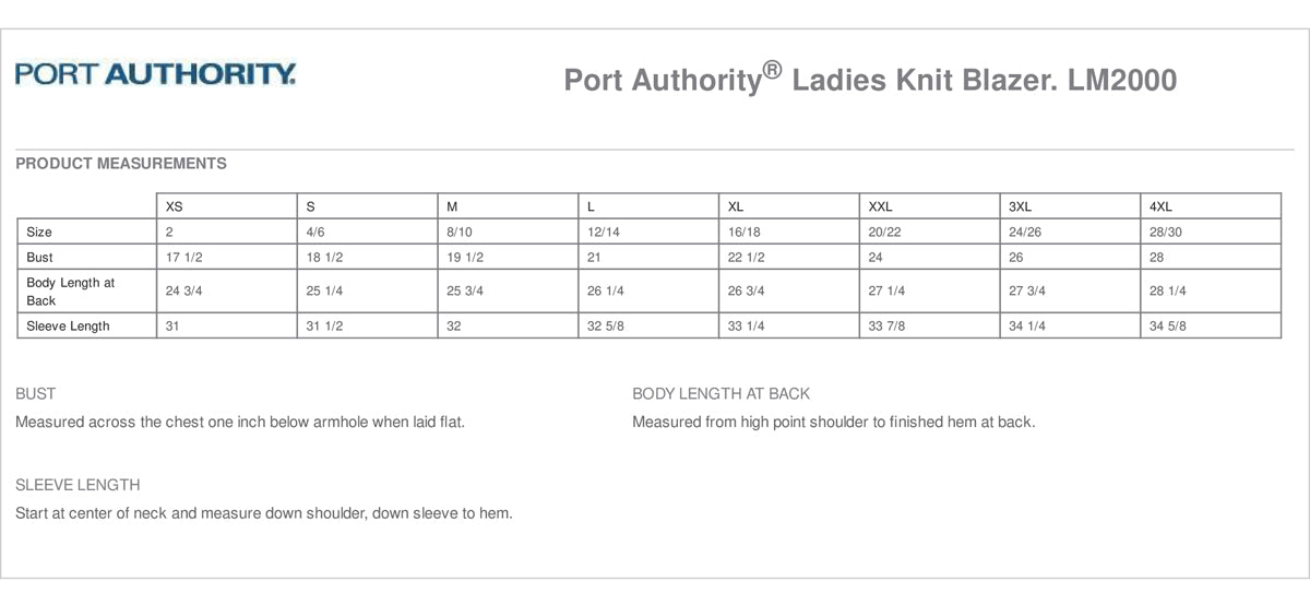 Port Authority - Ladies Knit Blazer. LM2000 Size Chart