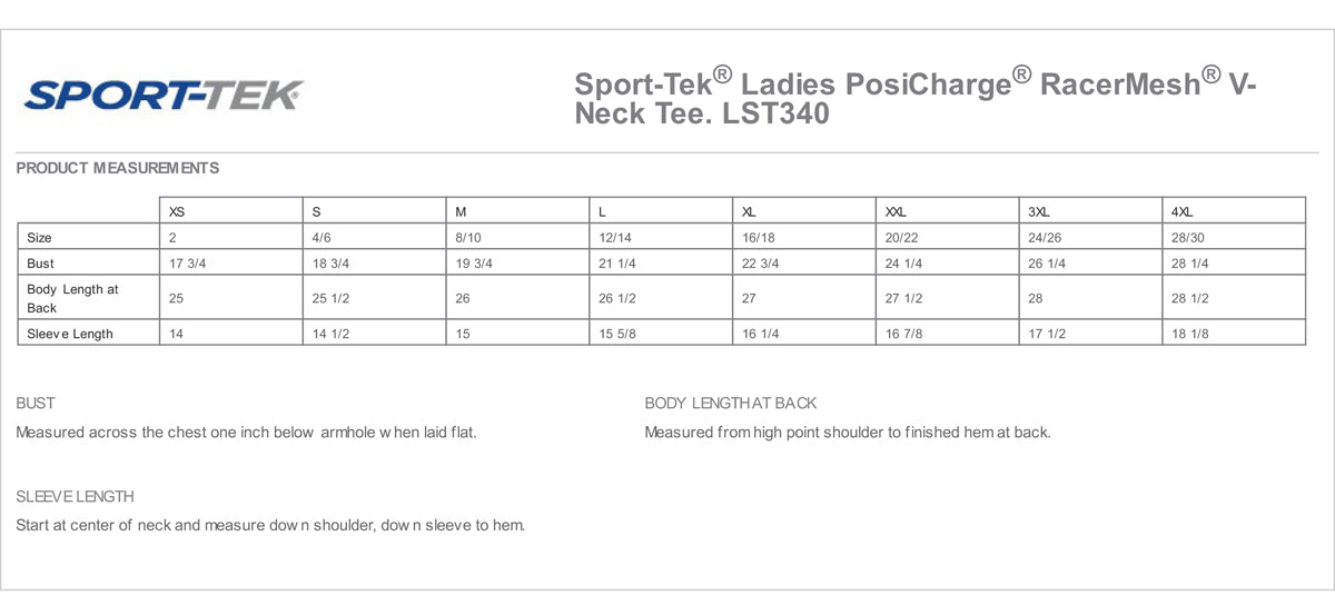 Sport-Tek® Ladies PosiCharge® RacerMesh® V-Neck Tee. LST340 Size Chart