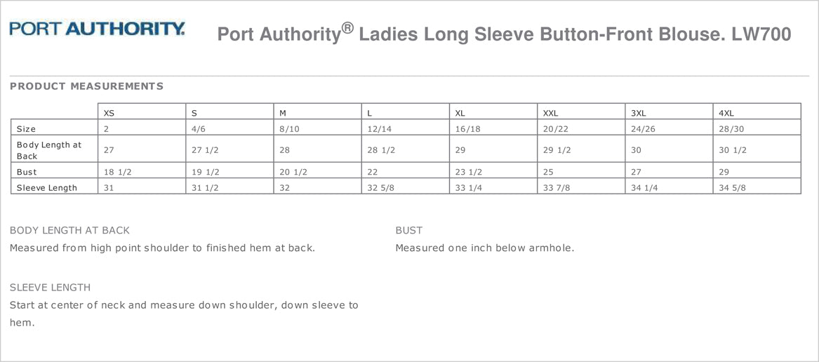 Port Authority - Ladies Long Sleeve Button-Front Blouse. LW700 Size Chart
