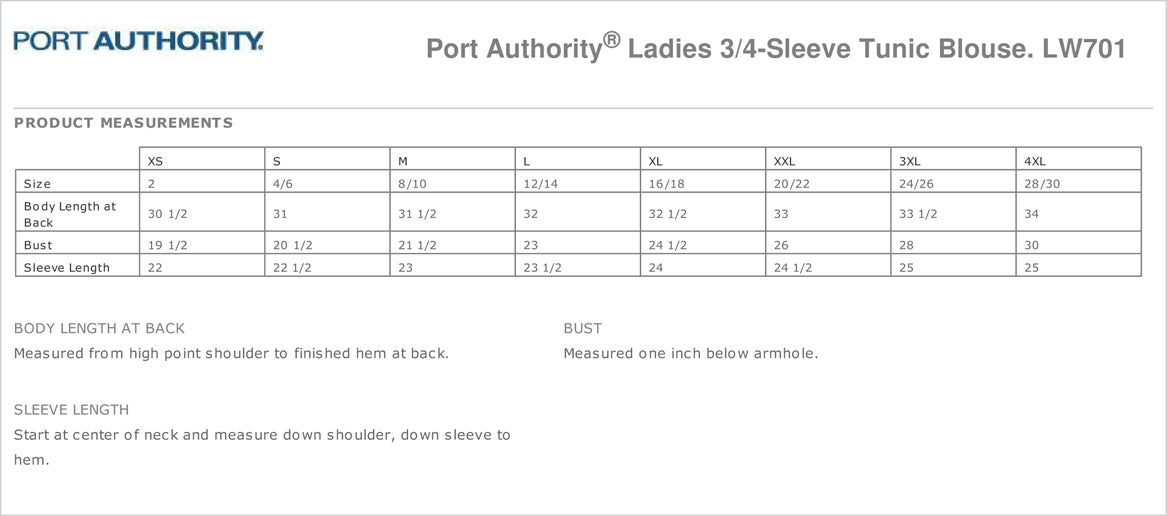 Port Authority - Ladies 3/4-Sleeve Tunic Blouse. LW701 Size Chart