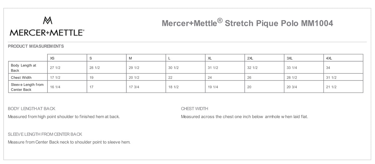 Mercer+Mettle®  - Stretch Pique Polo. MM1004 Size Chart