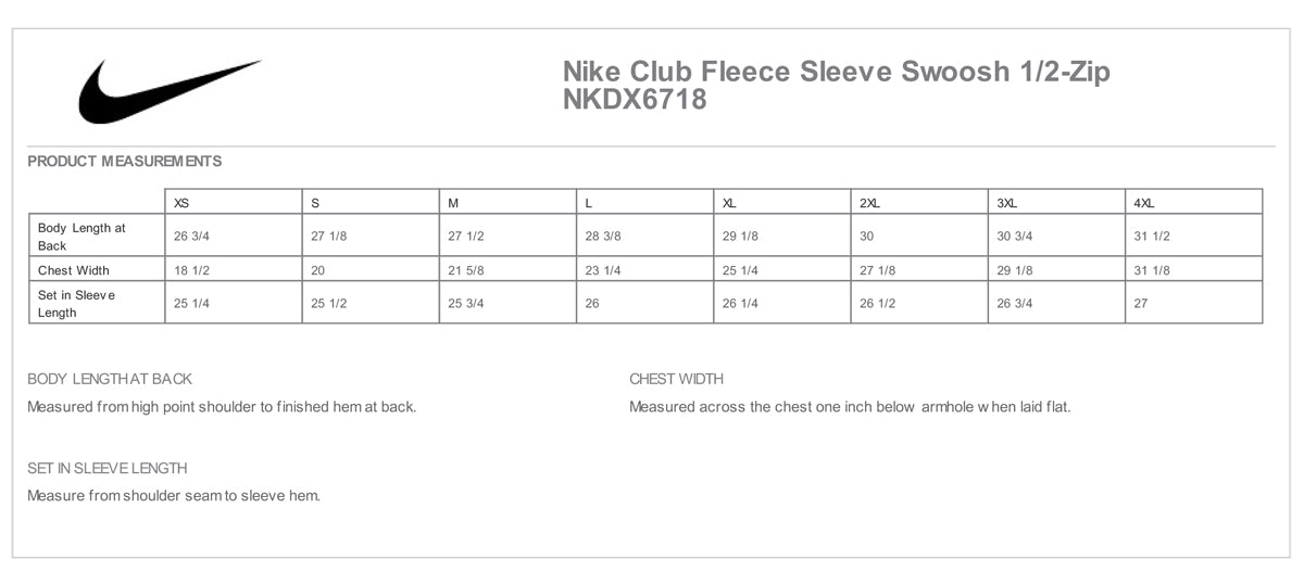 Nike - Club Fleece Sleeve Swoosh 1/2-Zip. NKDX6718 Size Chart