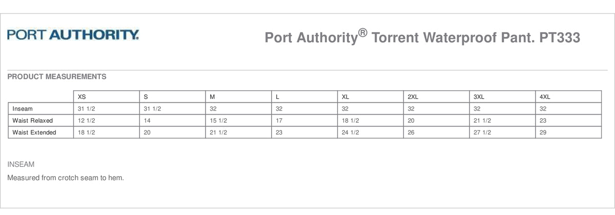 Port Authority Torrent Waterproof Pant with Packable Carry Pouch - PT333 Size Chart