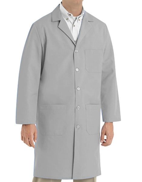 A front view of a man wearing Red Kap Men's Grey Lab Coat.