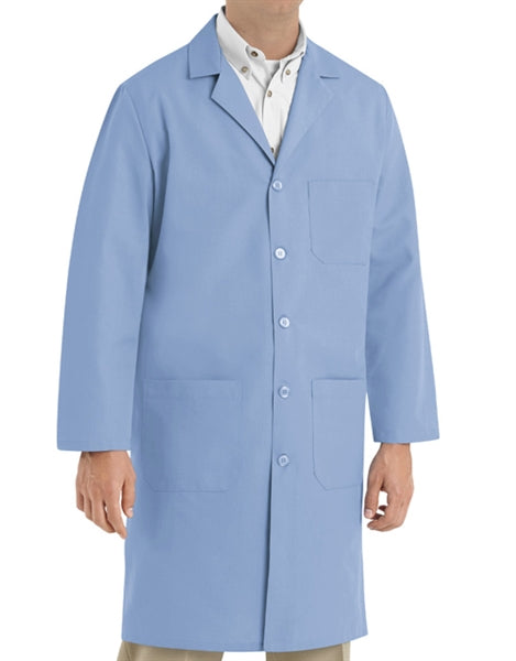 A front view of a man wearing Red Kap Men's Light Blue Lab Coat.