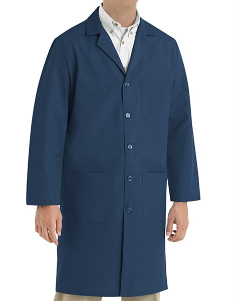 A front view of a man wearing Red Kap Men's Lab Coat.