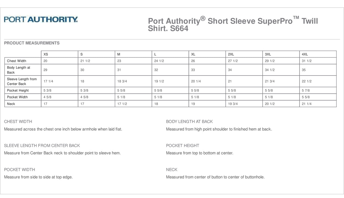 Port Authority - Short Sleeve SuperPro™ Twill Shirt. S664 Size Chart