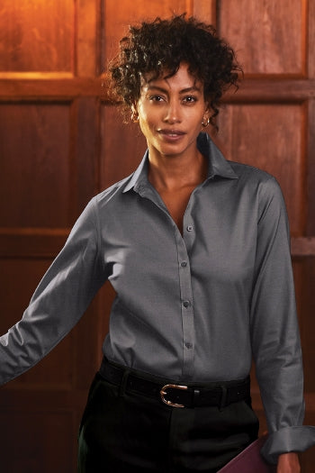 A shot of a woman wearing Brooks Brothers Women’s Wrinkle-Free Stretch Pinpoint Shirt.