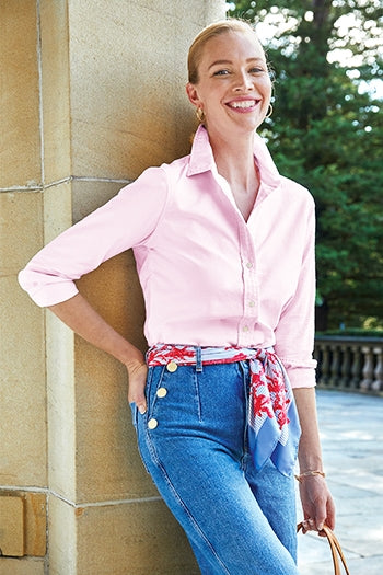 A shot of a woman wearing Brooks Brothers Women’s Casual Oxford Cloth Shirt.
