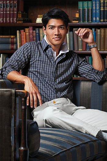 A shot of a man wearing Brooks Brothers® Tech Stretch Patterned Shirt.