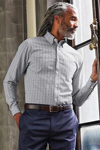 A shot of a man wearing Brooks Brothers® Wrinkle-Free Stretch Patterned Shirt.