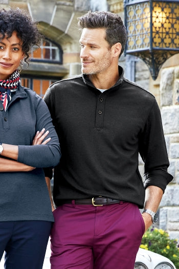 A shot of a man wearing Brooks Brothers Mid-Layer Stretch 1/2-Button.