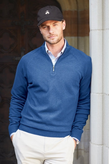 A shot of a man wearing Brooks Brothers Cotton Stretch 1/4-Zip Sweater.