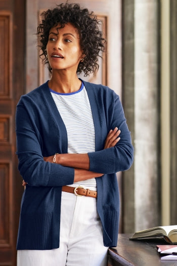 A shot of a woman wearing Brooks Brothers Women’s Cotton Stretch Long Cardigan Sweater.