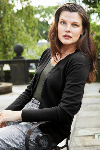 A shot of a woman wearing Brooks Brothers Women’s Cotton Stretch Cardigan Sweater.