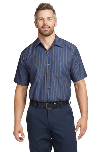 Front view of woman wearing Red Kap Short Sleeve Striped Industrial Work Shirt.
