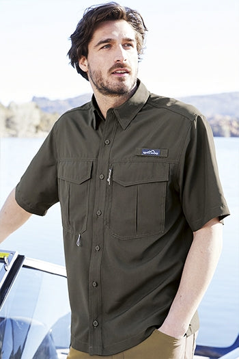 A shot of a man wearing Eddie Bauer Short Sleeve Performance Fishing Shirt.