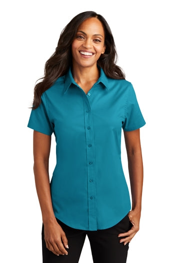 Front view of woman wearing Port Authority Ladies Short Sleeve Easy Care Shirt.