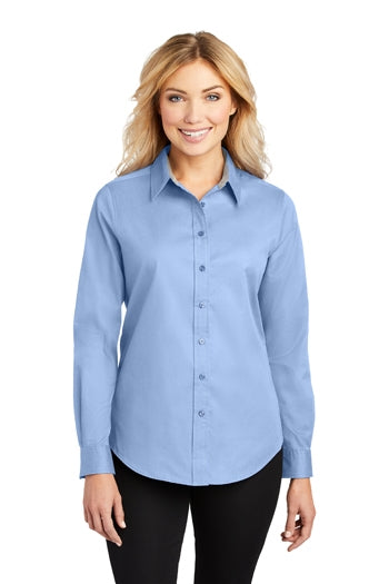 Front view of woman wearing Port Authority Ladies Long Sleeve Easy Care Shirt.