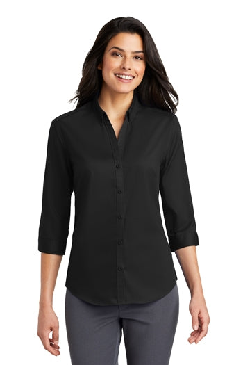 Front view of a woman wearing Port Authority Ladies 3/4 SuperPro™ Twill Shirt.