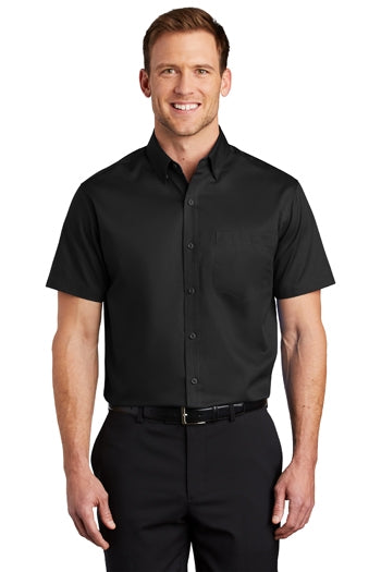 Front view of a man wearing Port Authority Short Sleeve SuperPro™ Twill Shirt.