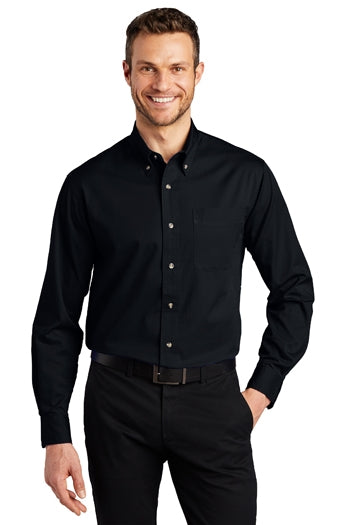 A front view of a man wearing Port Authority Tall Long Sleeve Twill Shirt.