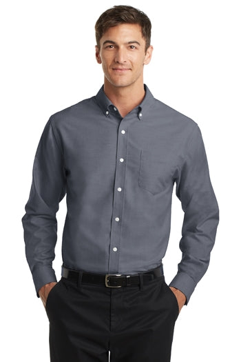 A front view of a man wearing Port Authority Tall SuperPro™ Oxford Shirt.
