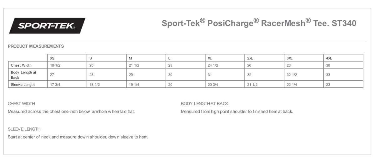 Sport-Tek - PosiCharge® RacerMesh® Tee. ST340 Size Chart