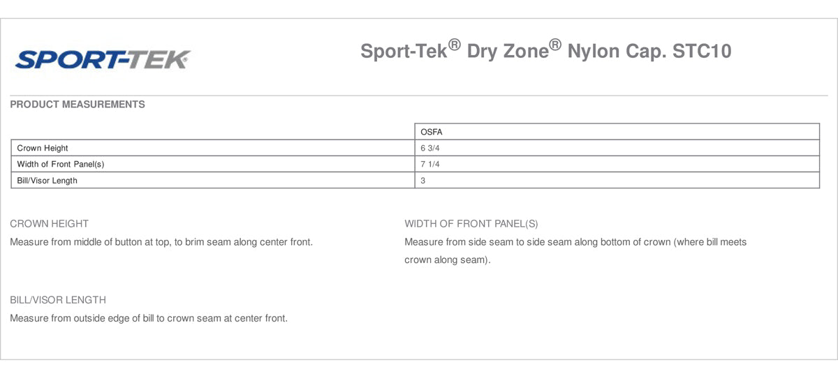 Sport-Tek® - Dry Zone® Nylon Cap. STC10 Size Chart