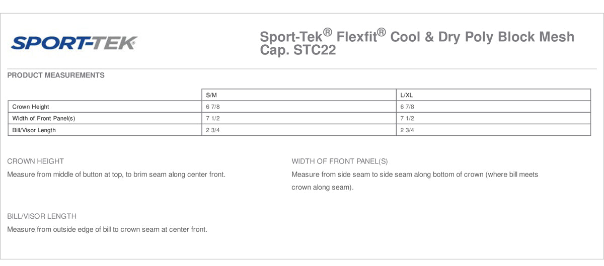 Sport-Tek - Flexfit® Cool & Dry Poly Block Mesh Cap. STC22 Size Chart