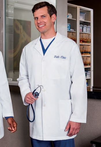 A shot of a man earing White Swan META Fundamentals 34" Men's Lab Coat.