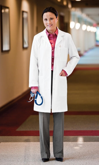 A photo of a woman wearing White Swan META Fundamentals 37" Women's Lab Coat.