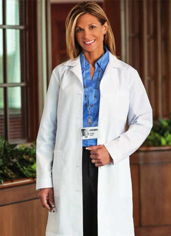 A shot of a woman wearing White Swan META Women's 37" 5-Pocket Lab Coat.