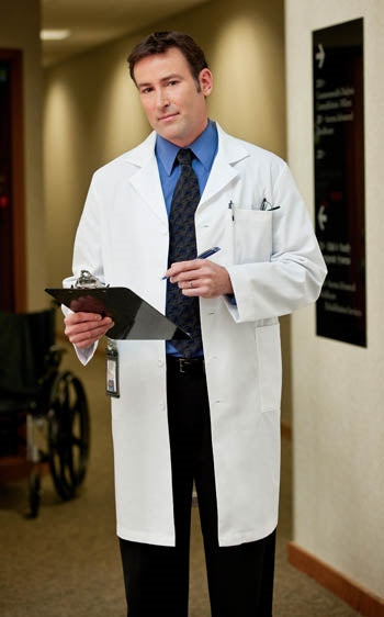 A shot of a man wearing White Swan META Men's 40" Labcoat.