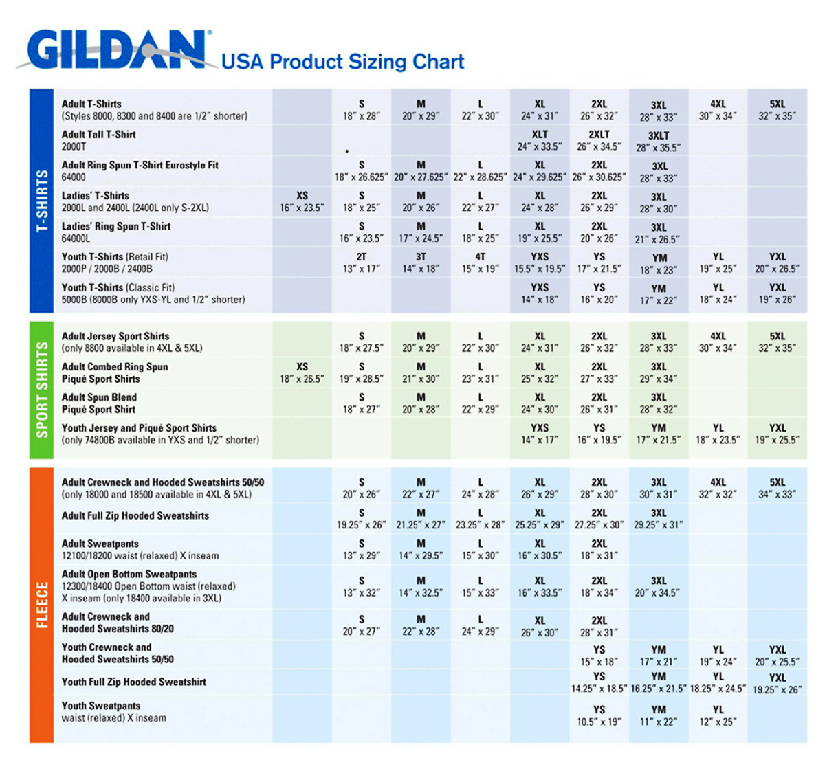 Gildan Sizing Chart Youth