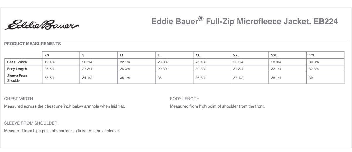 Eddie Bauer Full Zip Microfleece Jacket Size Chart