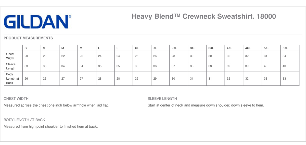 Gildan Heavy Blend Crewneck Sweatshirt Size Chart