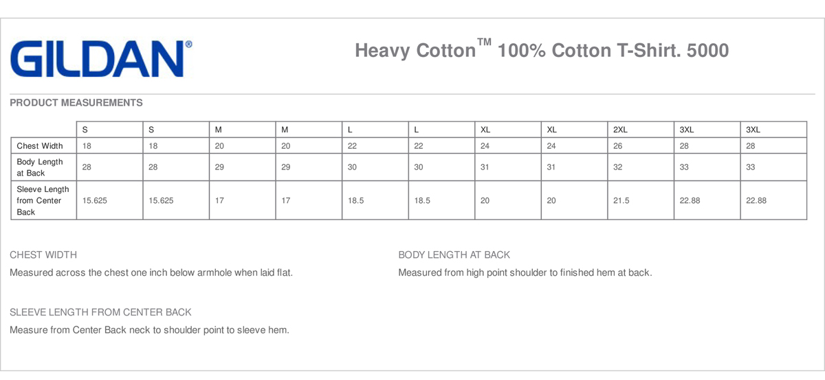 Gildan Heavy Cotton T Shirt Size Chart